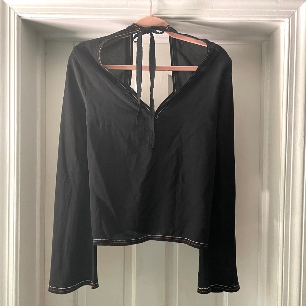 Madewell Black Silk Stitched V-Neck Tie Open Back Long Bell Sleeve Top Size M - Picture 9 of 14